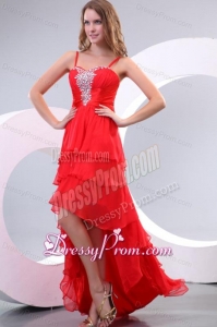 Red Empire Spaghetti Straps Beaded Decorate High-low Prom Dress