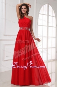 Red One Shoulder Beaded Decorate Waist Floor-length Prom Dress