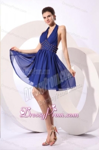 Royal Blue Halter Top Knee-length Prom Dress with Beading