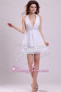 Sexy Beaded Halter Top Prom Dress in White Color