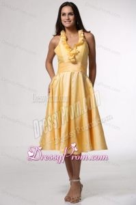 Simple Halter Top Ruffles Yellow Prom Dress Tea-length