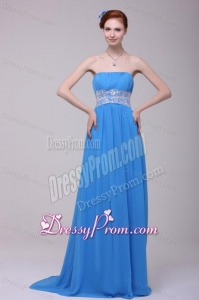 Teal Strapless Empire Chiffon Appliques Prom Dress with Brush Train