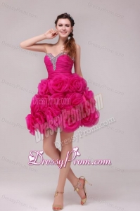 A-line Hot Pink Sweetheart Knee-length Hand Made Flowers Prom Dress