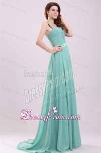 Aqua Blue Empire Straps Beading Green Chiffon Prom Dress with Brush Train