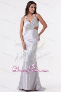 Brush Train Silver Column Halter Top Prom Dress with Beading