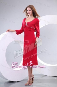 Column Red Strapless Knee-length Beading Chiffon Prom Dress