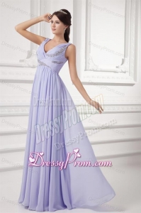 Elegant Empire Lavender V-neck Long Chiffon Prom Dress with Beading