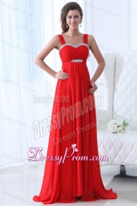 Elegant Empire Straps Beading Chiffon Red 2014 Prom Dress