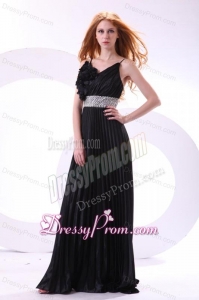 Empire Black Spaghetti Straps Long Pleats and Beading Prom Dress