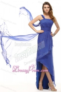Empire One Shoulder Blue Asymmetrical Ruching Prom Dress