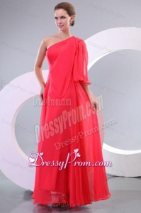 Empire One Shoulder Floor-length 3/4 Sleeve Prom Dress in Coral Red