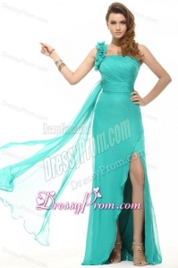 Empire Turquoise One Shoulder Chiffon Watteau Train Ruching Prom Dress