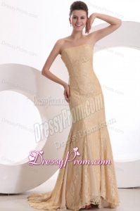 Informal Column Strapless Brush Train Lace Champagne Prom Dress