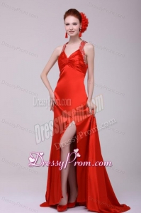 Informal Column Straps Brush Train Elastic Woven Satin Red Prom Dress with Open Back