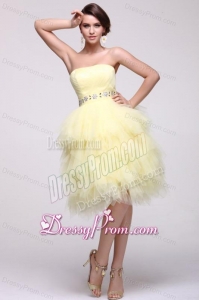 Light Yellow A-line Strapless Beaded Prom Dress with Layers