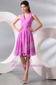 Lilac Halter Top Ruching Knee-length Chiffon Prom Dress