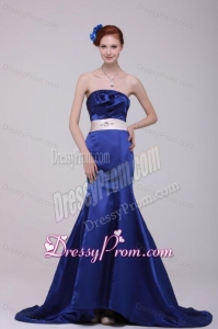 Mermaid Strapless Brush Train Navy Blue Taffeta Sashes Prom Dress