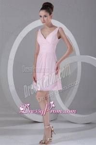 Pink A-line V-neck Mini-length Ruching Chiffon Prom Dress