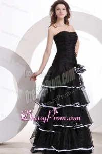 Princess Strapless Ruffled Layers Black Organza Floor-length Prom Dress