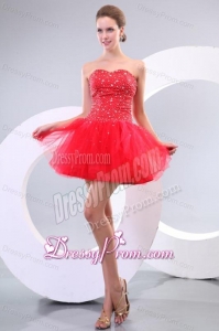 Red A-line Sweetheart Beading Tulle Mini-length Prom Dress