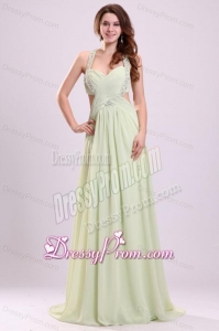 Sexy Empire Halter Chiffon Brush Train Criss Cross Beading Prom Dress in Yellow Green