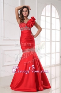 Sexy Mermaid One Shoulder Floor-length Beading Red Taffeta Prom Dress