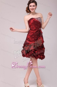 Strapless Knee-length Burgundy Prom Dress with Pick-ups and Beading