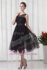 A-line One Shoulder Black Tulle Tea-length 2014 Prom Dress