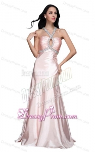 A-line V-neck Beading Side Zipper Long Prom Dress in Baby Pink