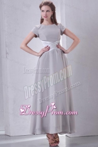 Ankle-length Grey Empire Scoop Prom Dress with Short Sleeves