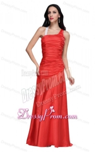 Asymmetrical Column Red Ruche Prom Dress with Sweep Train