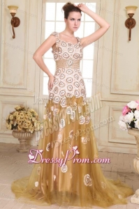 Champagne Empire Straps Appliques Prom Dress with Brush Train