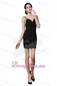 Column Black Straps Beading Ruching Mini-length Prom Dress