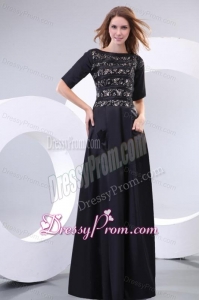 Column Scoop Black Floor-length Lace Prom Dress with Half Sleeves