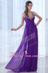 Empire Eggplant Purple Beading Straps Ruching Chiffon Prom Dress