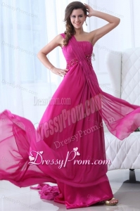 Empire Fuchsia Beading Ruching One Shoulder Prom Dress
