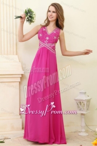 Empire Hot Pink V-neck Beading Chiffon Prom Dress