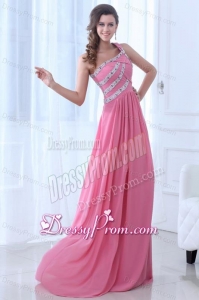 Empire One Shoulder Rose Pink Ruching Beading Chiffon Prom Dress