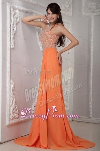 Empire Orange Scoop Beading Chiffon Brush Train Prom Dress