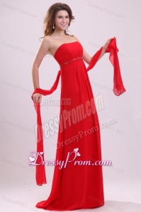 Empire Red Strapless Beading and Ruching Chiffon Prom Dress