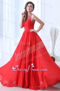 Empire Scoop Wine Red Ruching Beading Chiffon Prom Dress