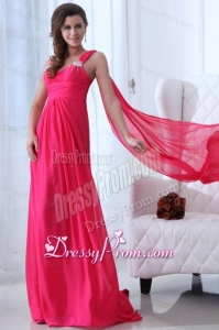 Empire Straps Hot Pink Beading and Ruching Chiffon Prom Dress