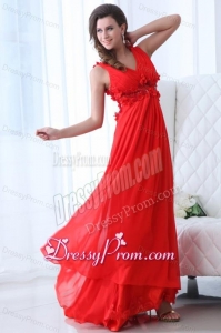 Empire Wine Red V-neck Ruching Appliques Floor-length Prom Dress