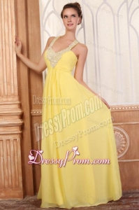 Halter Top Neck Empire Chiffon Yellow Prom Dress with Beading