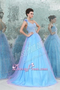 Lovely Princess One Shoulder Beading Tulle Floor-length Blue Prom Dress