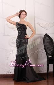 Mermaid One Shoulder Black Beading Taffeta Prom Dress