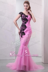 Mermaid One Shoulder Rose Pink Appliques and Ruching Brush Train Prom Dress