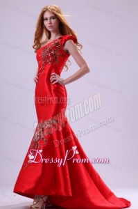 Mermaid Red One Shoulder Embroidery with Beading Prom Dress