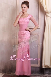 Rose Pink Square Appliques Column Chiffon Half Sleeves Prom Dress