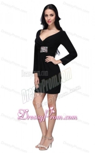 V-neck Black Mini-length Beaded Decorate Prom Dress with Long Sleeves